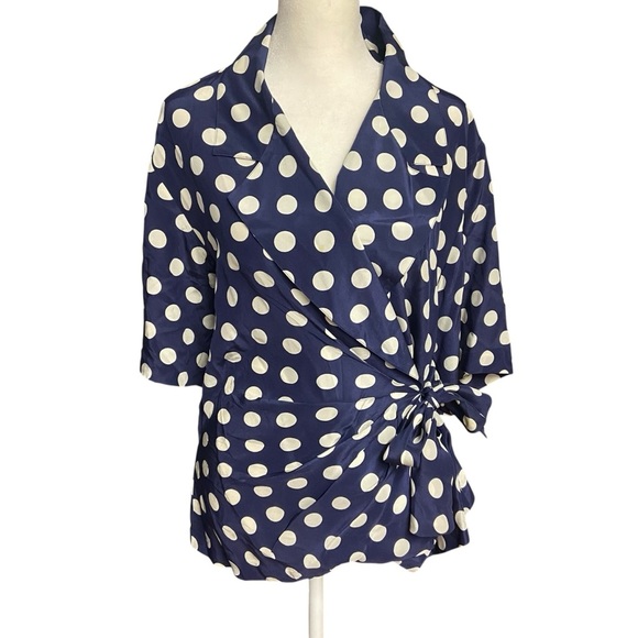 Argent Vintage Navy Polka Dot 100% Silk Wrap Top Size 12 Career Classic Polished - Picture 2 of 9
